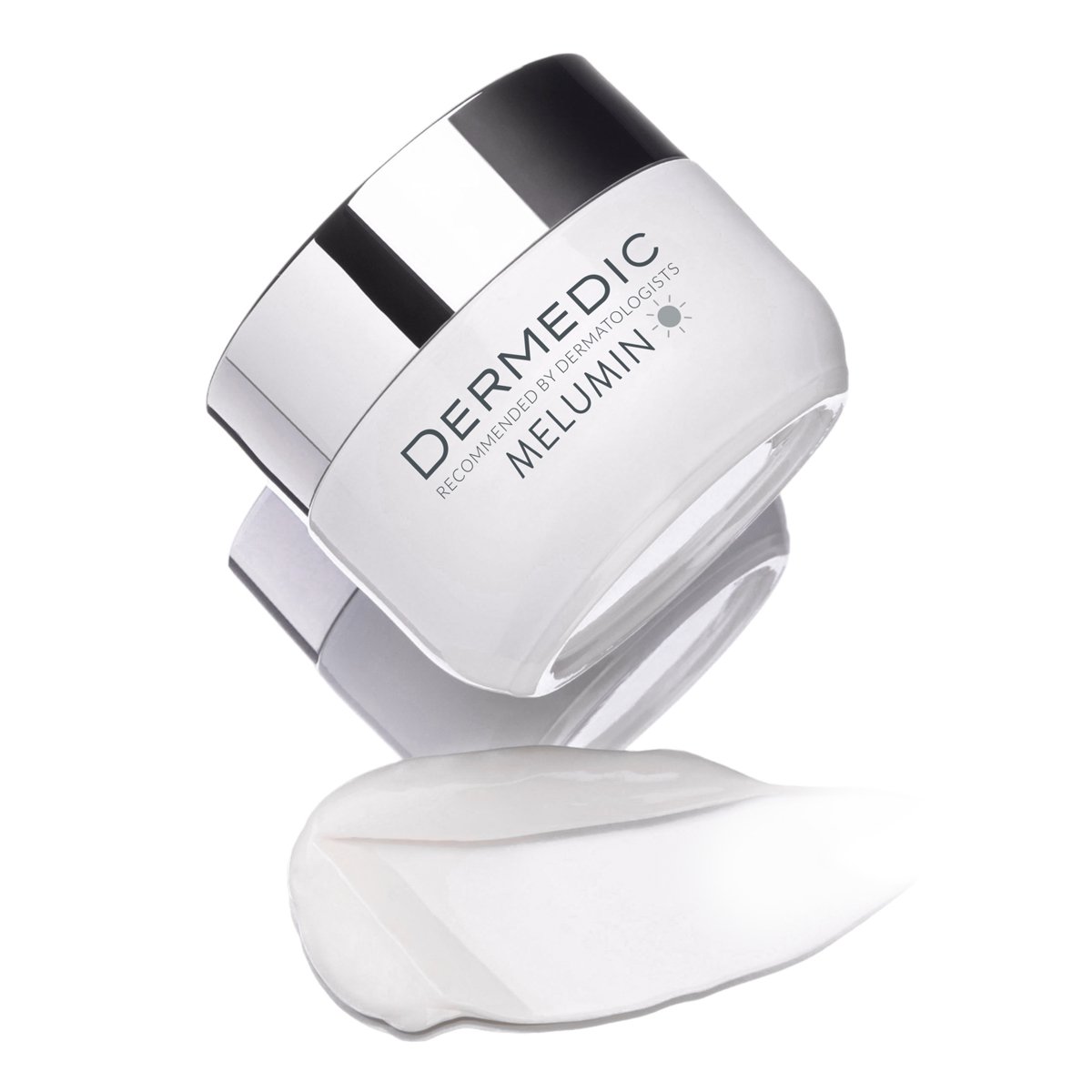 A jar of Melumin Anti-Ageing cream with a reflective silver lid is displayed at an angle. In front of the jar, a dollop of the creamy white product is shown on a white surface.