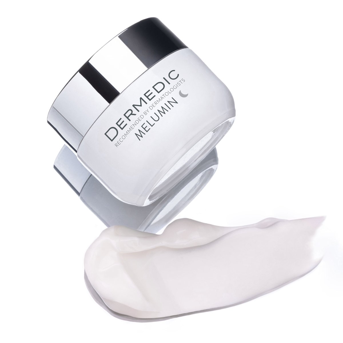 Two white jars of MELUMIN Anti-Ageing cream with shiny silver lids are positioned side by side on a white background. The product name and logo are printed on the front of each jar.