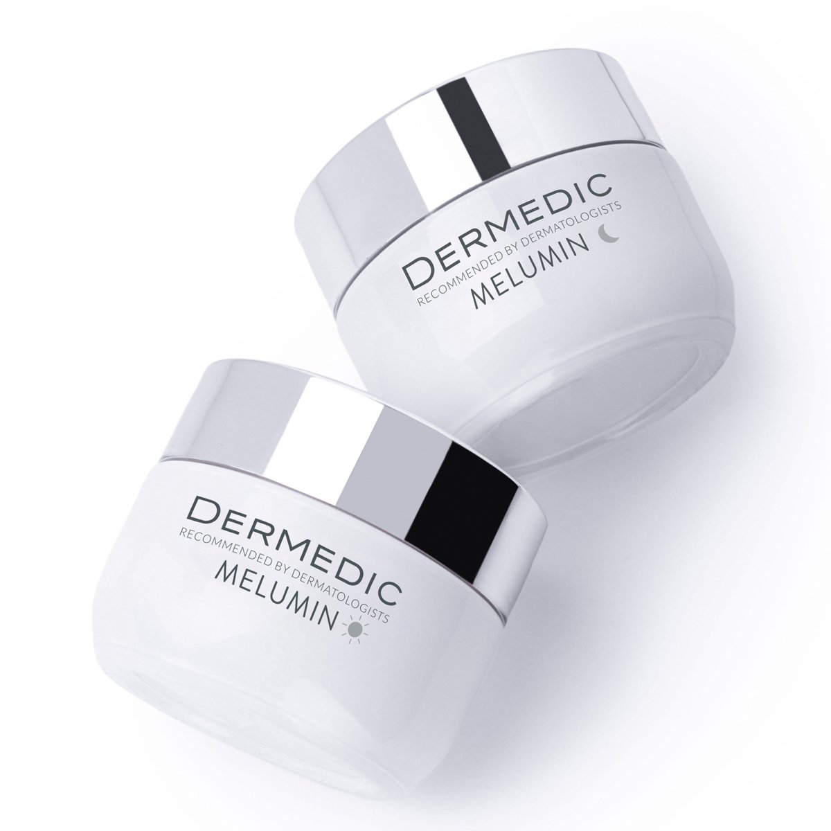 Two white jars of MELUMIN Anti-Ageing cream with shiny silver lids are positioned side by side on a white background. The product name and logo are printed on the front of each jar.