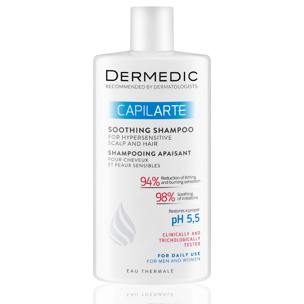 A white bottle of Dermedic Capilarte Soothing Shampoo featuring blue and pink text highlighting its benefits for hypersensitive scalp and hair, with a pH of 5.5, suitable for daily use by men and women.