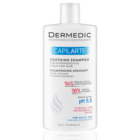 A white bottle of Dermedic Capilarte Soothing Shampoo featuring blue and pink text highlighting its benefits for hypersensitive scalp and hair, with a pH of 5.5, suitable for daily use by men and women.