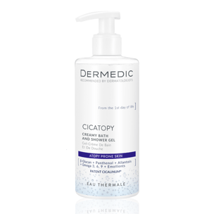 A white pump bottle of Dermedic Cicatopy kremowy żel do kąpieli pod prysznic for atopy-prone skin, with blue and gray text and a blue CICATOPY label, standing upright on a white background.
