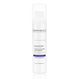 A white bottle of Dermedic Cicatopy Ultra-Calming Skin Repair cream with blue and purple accents, featuring text about its use for atopy-prone skin and skin repair, against a plain white background.