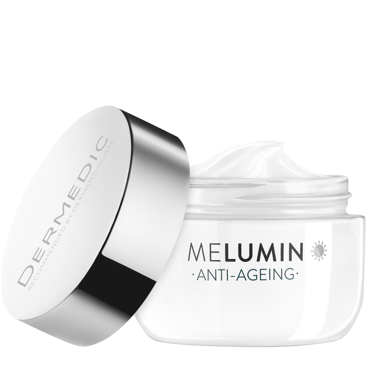 A clear jar of Dermedic Melumin Anti-Ageing cream with a silver and white lid resting beside it. The jar is filled with white cream and labeled with the product name in silver and gray text.