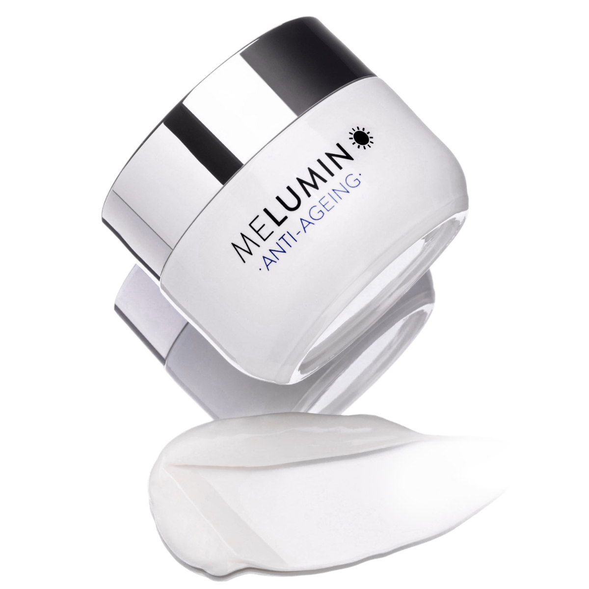 A jar of Melumin Anti-Ageing cream with a reflective silver lid is displayed at an angle. In front of the jar, a dollop of the creamy white product is shown on a white surface.