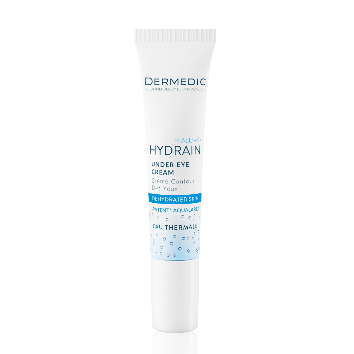 A white tube of Dermedic Hydrain Hialuro Under Eye Cream for dehydrated skin, featuring blue and gray text and a white cap, standing upright against a plain white background.