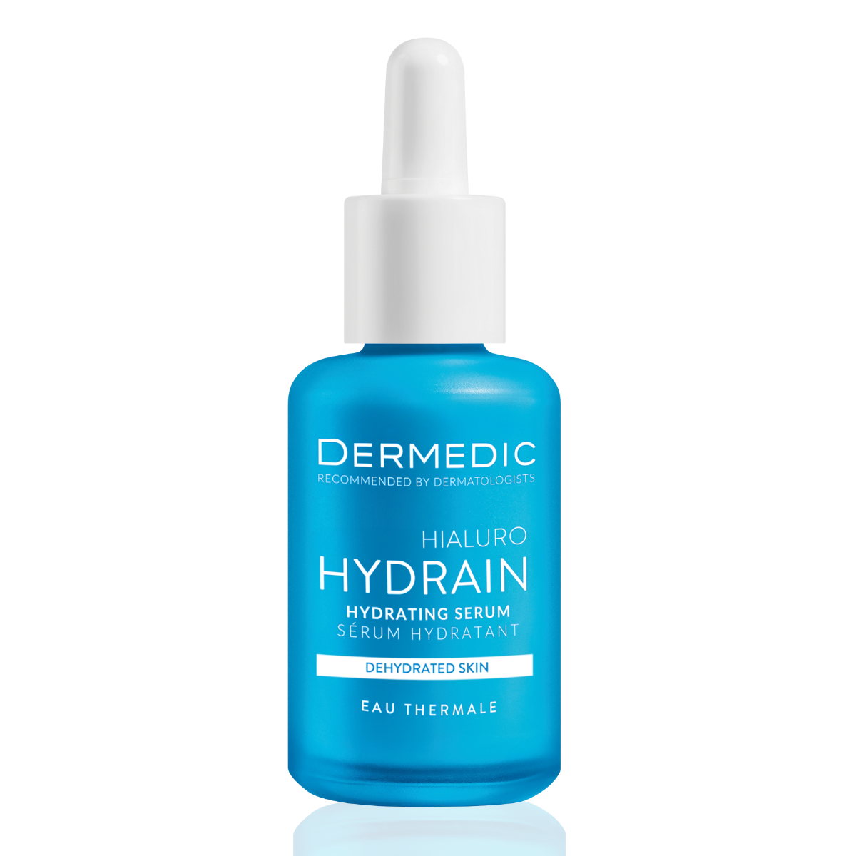 A blue bottle of Dermedic Hydrain Hyaluronic Hydrating Serum with a white dropper cap, labeled for dehydrated skin, standing upright on a white background.