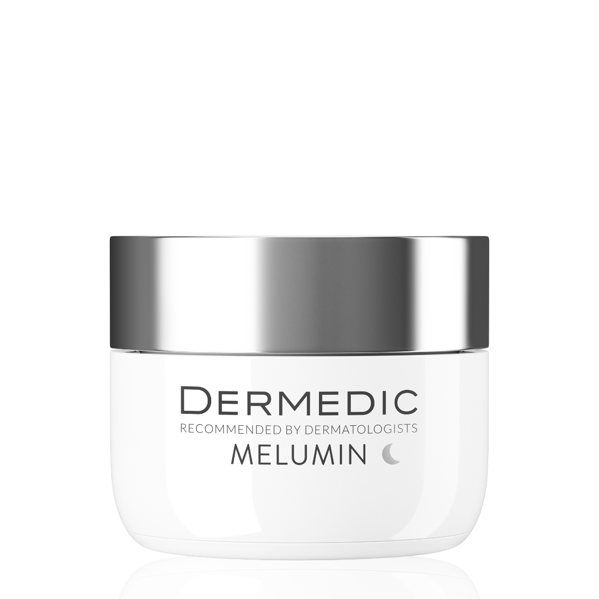 A white cosmetic jar with a shiny silver lid, labeled