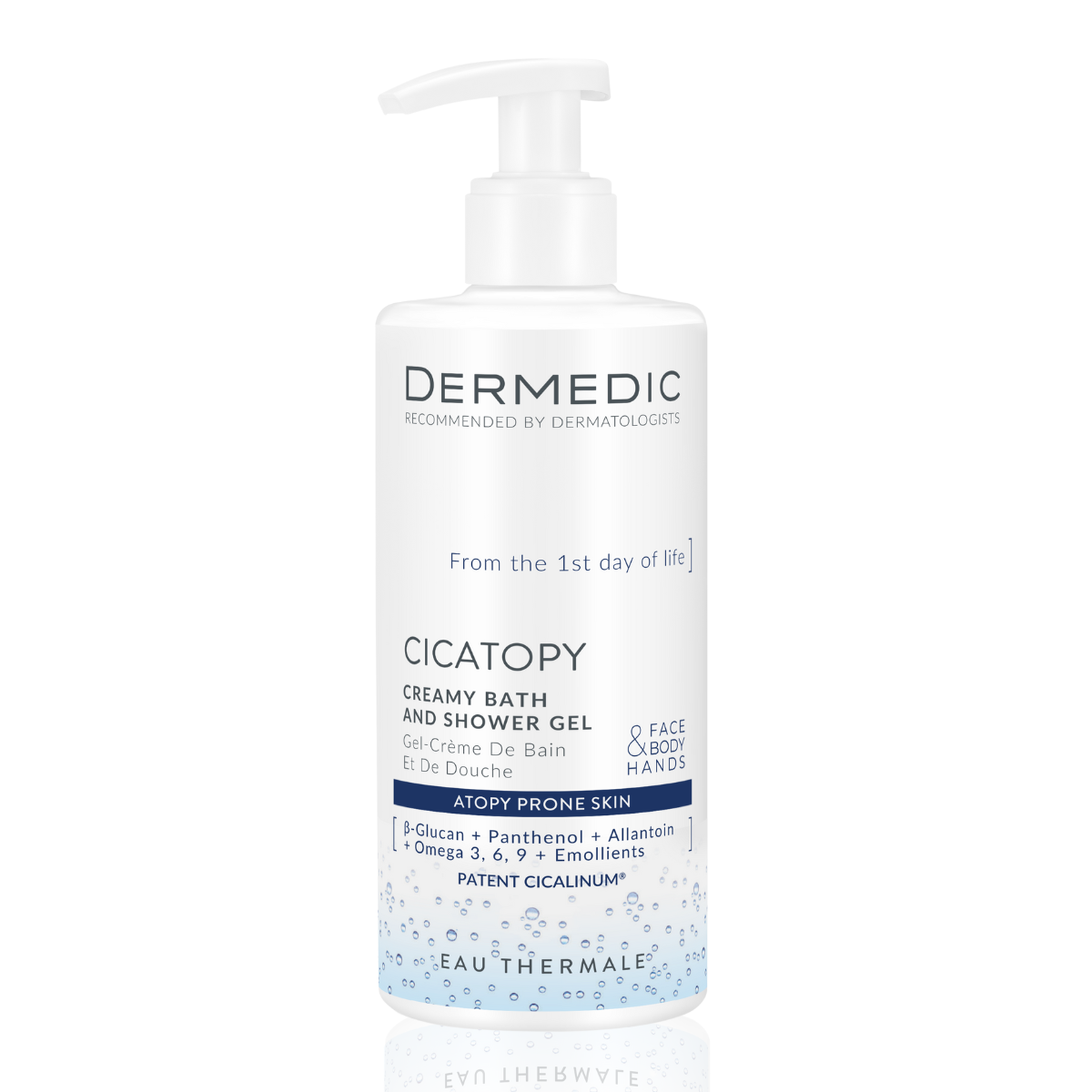 A white pump bottle of Dermedic Cicatopy kremowy żel do kąpieli pod prysznic for atopy-prone skin, with blue and gray text and a blue CICATOPY label, standing upright on a white background.