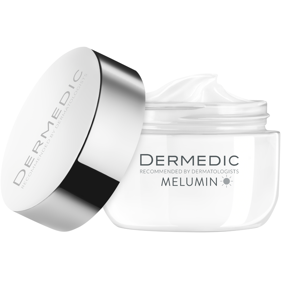 A clear jar of Dermedic Melumin Anti-Ageing cream with a silver and white lid resting beside it. The jar is filled with white cream and labeled with the product name in silver and gray text.