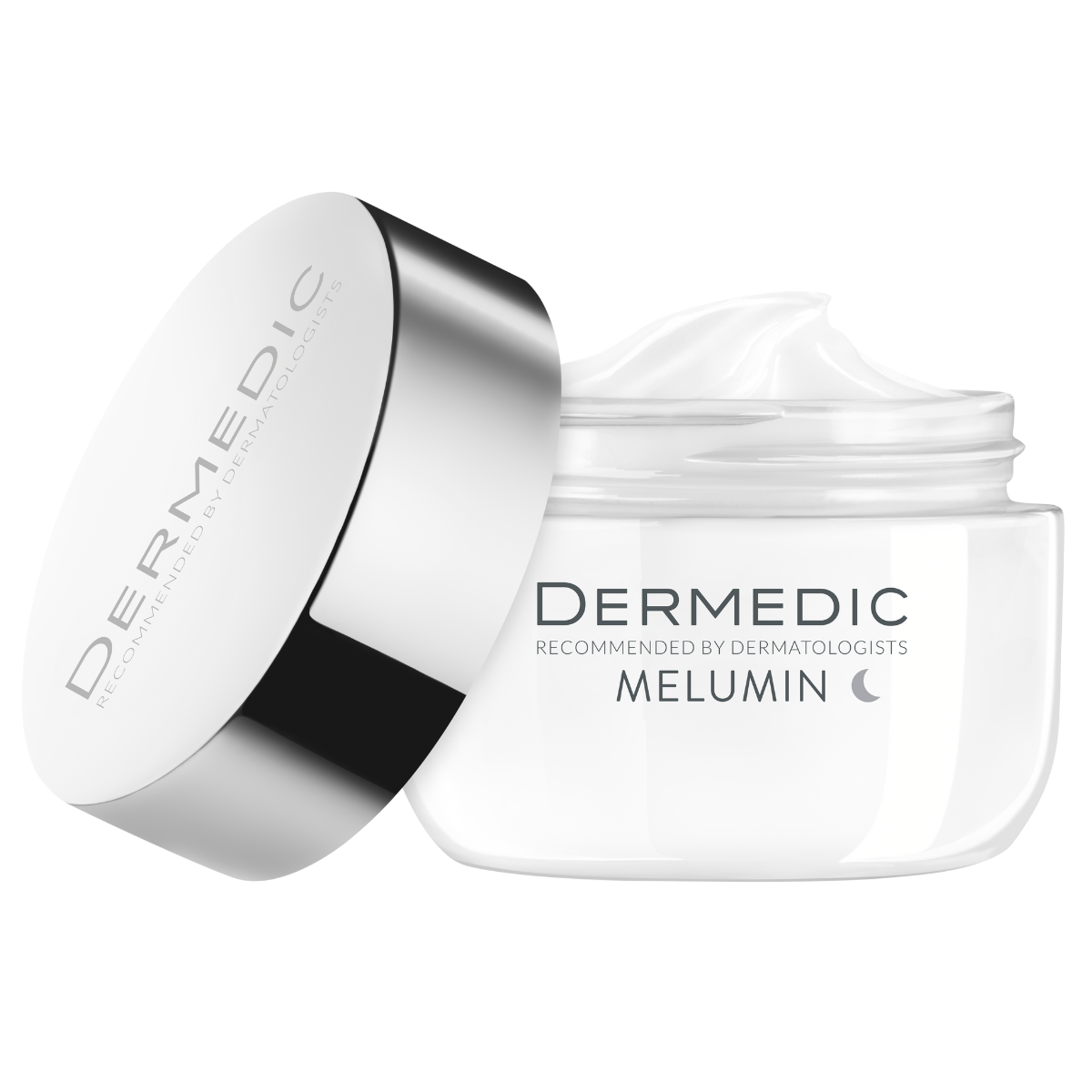 A jar of Dermedic Melumin Anti-Ageing cream with a silver lid, partially open to reveal the white cream inside. The label displays the product name and suggests it is recommended by dermatologists.